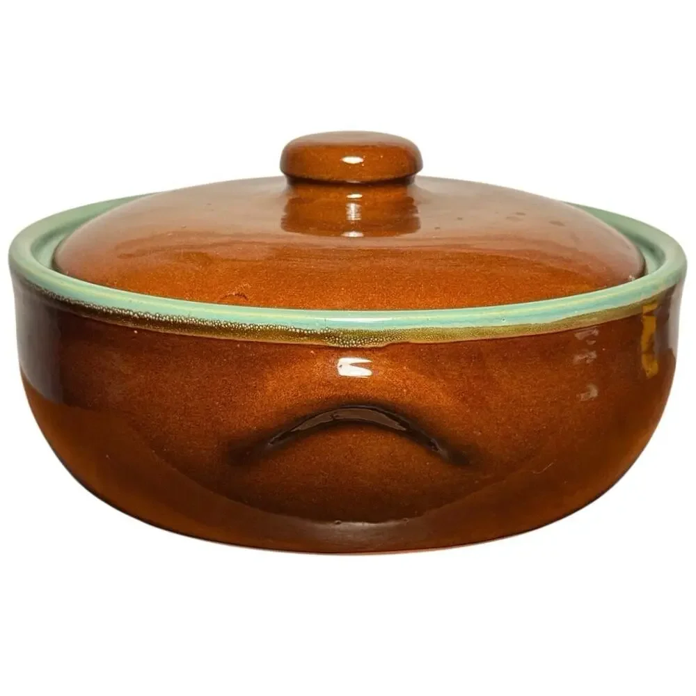 Vintage Country Fare Casserole Dish Tab Handles Brown Teal Glaze Stoneware USA
